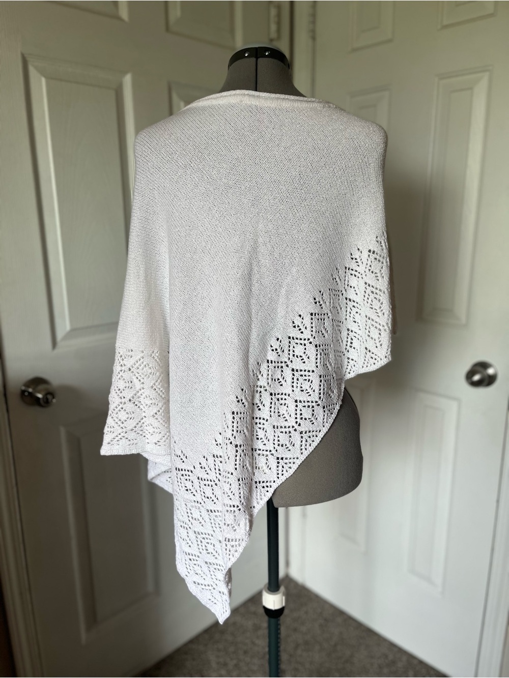 Knit Asymmetric Poncho, White, One Size - Picture 3 of 5